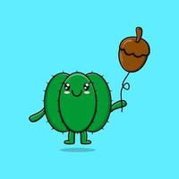 Cute cartoon cactus floating with acorn balloon vector