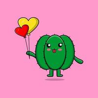 lindo cactus de dibujos animados flotando con globo de amor vector