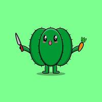 lindo cactus de dibujos animados con cuchillo y zanahoria vector