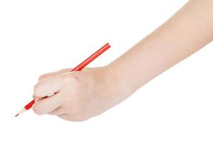 hand paints by red pencil isolated on white photo