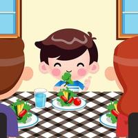 a un niño lindo de dibujos animados le gusta comer verduras y los padres lo aprecian vector