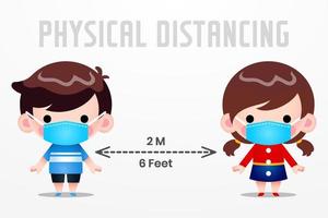 Physical Distancing, Social Distancing Kids. Boy and Girl Character Wearing Medical Mask