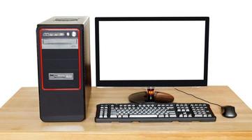 black computer with widescreen display on table photo