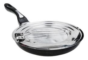 steel frying pan closed by splatter screen photo