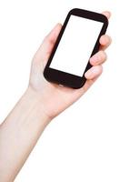 hand holds mobile phone isolated photo