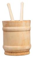side view wooden cup with two spoons isolated photo