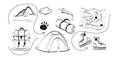 Hiking gear  set vector hand drawn doodles illustration, travel accessories and equipment.