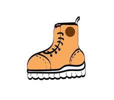 Old shoes. hiking boots .Adventure, travel accessory. Hand drawn vector contour illustration. Realistic retro graphic.