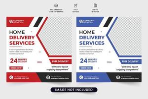 Digital home delivery service social media post vector with abstract shapes. Free delivery service web banner design with red and blue colors. Delivery service template vector with a photo placeholder