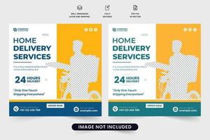 plantilla de servicio de entrega de alimentos en línea con colores azul y amarillo. Vector de publicación de redes sociales de negocios de entrega a domicilio las 24 horas. diseño de banner web de servicio de entrega urgente para una promoción de supermercado.