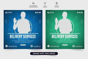 diseño de banner web promocional de servicio de entrega con colores azul y verde. vector de cartel de anuncio de entrega de compras en línea. servicio de entrega a domicilio diseño de publicaciones en redes sociales para marketing en línea.