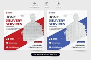 Modern home delivery business advertisement template design with blue and red colors. Grocery delivery service poster template for supermarket advertisement. Express home delivery web banner vector. vector