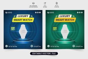 Smartwatch sale social media post vector with blue and green backgrounds. Wristwatch promotional square web banner design. Watch store advertisement template. Gadget sale template for marketing.