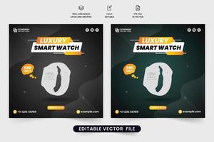 Modern wristwatch sale template vector with dark backgrounds. Smartwatch promotional template design for social media marketing. Clock store promotional template vector with creative abstract shapes.