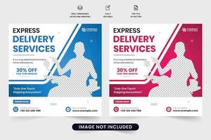 Creative express delivery service social media template design with blue and maroon colors. Delivery service discount offer template vector. Online food and grocery delivery web banner for marketing. vector