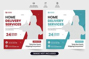 Home delivery service advertising web banner template with red and aqua colors. Modern home delivery service social media post vector. Express delivery service square template design. vector