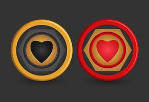 gold and red poker chips, with heart symbol, game design elements, 3d vector illustration,