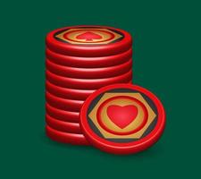 pila de fichas de póquer rojas, con símbolo de corazón, elementos de diseño de juegos, ilustración vectorial 3d vector