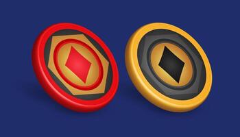 gold and red poker chip, with diamond symbol, game design elements, 3d vector illustration