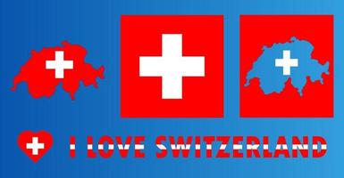 Set of vector illustrations with Switzerland flag, country outline map and heart. Travel concept.