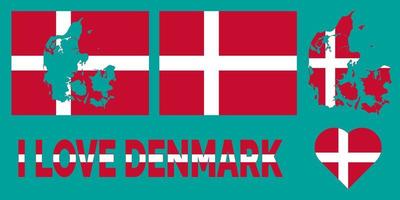 Set of vector illustrations with Denmark flag, country outline map and heart. Travel concept.