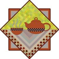 A teapot and a cup with a geometric ornament stand on a napkin. Graphic editable design. CMYK palette. Vector flat illustration.