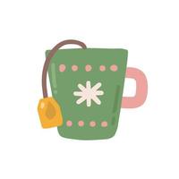 taza con bolsita de té decorada con copos de nieve, ilustración vectorial plana sobre fondo blanco vector