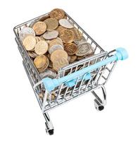 shopping trolley with russian coins isolated photo