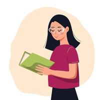 Smiling woman in glasses reading book. Concept of books, education, reading, development. Isolated vector illustration.