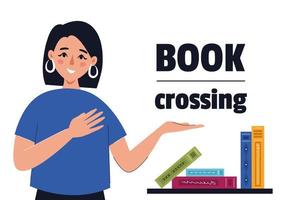 Happy smiling woman pointing to bookcrossing. Concept of books, education, reading, development. Isolated vector illustration.