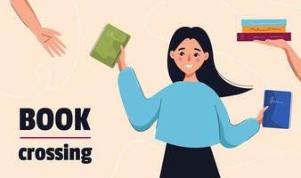 Happy smiling woman giving book. Concept of bookcrossing, education, reading, development. Isolated vector illustration.