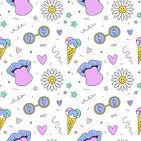Seamless pattern of daisy, sticking tongue, glasses. Concept of 2000s, 1990s, 00s, Y2k aesthetic weird 2000 style. Groovy prints for tee, streetwear, print templates, textile. vector