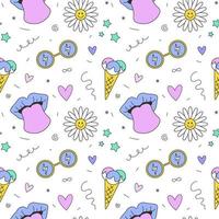 Seamless pattern of daisy, sticking tongue, glasses. Concept of 2000s, 1990s, 00s, Y2k aesthetic weird 2000 style. Groovy prints for tee, streetwear, print templates, textile. vector