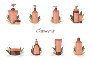 Set of care cosmetics on plant background. Bottles of mask, shampoo, balm, cream, foam. Concept of tools beauty and skin care, eco cosmetics, cleanser. Vector flat illustration