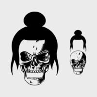 imagen de cabeza de calavera en blanco y negro con el pelo atado vector