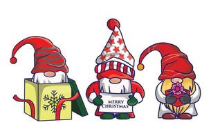 paquete de feliz navidad gnomos lindos disfraz de santa claus diseño de banner de ilustración de dibujos animados. vector