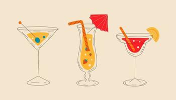 Cocktails collection, alcoholic and non-alcoholic summer drinks with ice cubes of lemon, lime, and strawberries. All elements are isolated vector