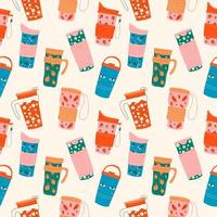Seamless pattern with  Vintage thermos cups. Thermos Chinese retro thermo Flask. Cute  print on the side. Hand drawn colorful Vector. Cartoon style vector
