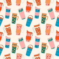 Seamless pattern with  Vintage thermos cups. Thermos Chinese retro thermo Flask. Cute  print on the side. Hand drawn colorful Vector. Cartoon style vector