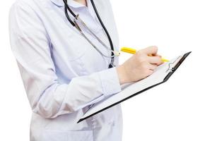 medic writes in clipboard isolated on white photo