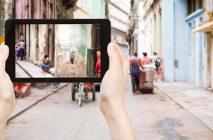 tourist taking photo of old street in Havana