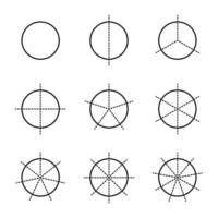 icono de gráfico de líneas de círculo fraccionario. relación y algunos iconos vectoriales lineales. la forma redonda de un pastel o una pizza se corta en rebanadas de líneas punteadas iguales. ilustración lineal de un gráfico de negocios simple. vector