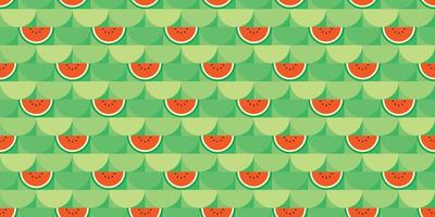 Red watermelon themed background. Geometric seamless semicircle fruit pattern motif. Simple flat vector illustration. Watermelon cut in half. For backdrops, covers, prints, fabrics, and wallpapers.