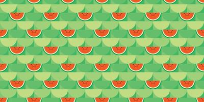 Red watermelon themed background. Geometric seamless semicircle fruit pattern motif. Simple flat vector illustration. Watermelon cut in half. For backdrops, covers, prints, fabrics, and wallpapers.