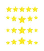 conjunto de clasificaciones de productos de cinco estrellas, reseñas de iconos planos para aplicaciones y sitios web. pegatina amarilla de 5 estrellas aislada en un fondo blanco. índice de satisfacción del cliente por comida, servicio, hotel o restaurante. vector