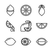 Lemon icon set. Minimalist outline symbol, isolated on a white background. Fresh fruit simple line vector. Lime, lemonade, oranges, citrus and leaves. Various shapes of whole objects and slices. vector