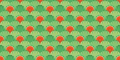 Red watermelon themed background. Geometric seamless fruit pattern motif. Simple flat vector illustration. Whole and sliced watermelon. For backdrops, covers, prints, fabrics and wallpapers.