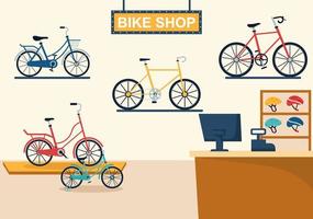 tienda de bicicletas con compradores que eligen ciclos, accesorios o equipos de engranajes para montar en una plantilla dibujada a mano ilustración plana de dibujos animados
