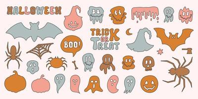 Halloween set cute retro icons isolated on a light background. Funny cartoon icons and symbol. Vector illustration