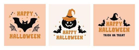 Halloween set cards with cute hand drawn silhouette elements on a pastel background. Vector flat illustration